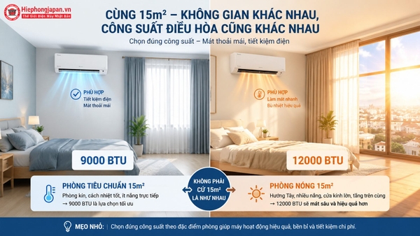 So sánh phòng 15m2 nên dùng điều hòa 9000 BTU hay 12000 BTU