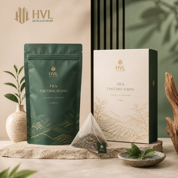 Hệ sinh thái bao bì trà trọn gói gồm túi xếp hông, hộp giấy và túi lọc trà tại tổng kho HVL