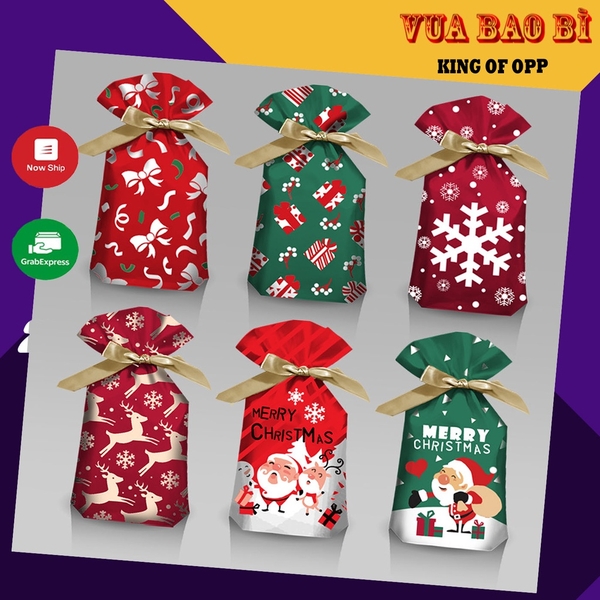 Túi đựng bánh/kẹo, túi đựng quà chủ đề Noel kích thước 15 * 23, dây nơ buộc - VUA BAO BÌ