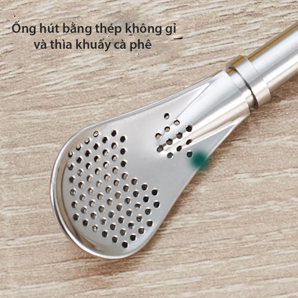 Ống hút kiêm thìa lọc dùng trong uống cà phê, trà sữa, các loại thức uống, chất liệu inox 304 cao cấp - HVL TEA