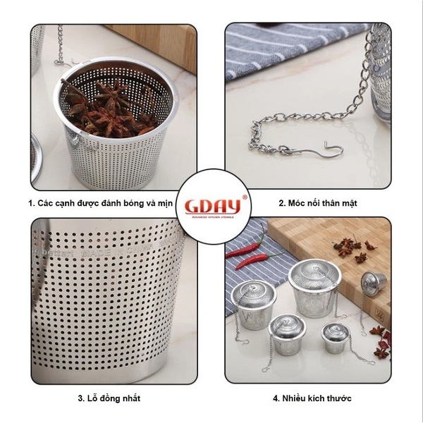 Lọc trà inox 304 hình trụ, có dây treo, không gỉ, nhiều kích thước - HVL