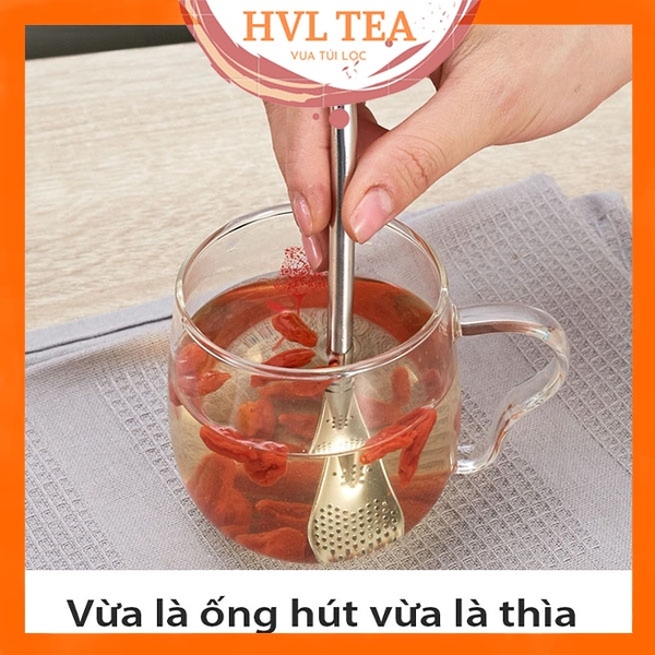 Ống hút kiêm thìa lọc dùng trong uống cà phê, trà sữa, các loại thức uống, chất liệu inox 304 cao cấp - HVL TEA