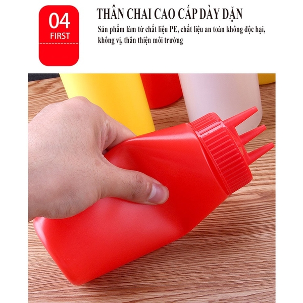 Chai bóp nước sốt thực phẩm, chai gia vị cà chua sốt, loại 3 vòi phun - HVL TEA