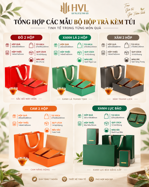Bộ Hộp Trà Nắp Gập Khóa V Kèm Túi – Nhiều Màu, Nhiều Quy Cách