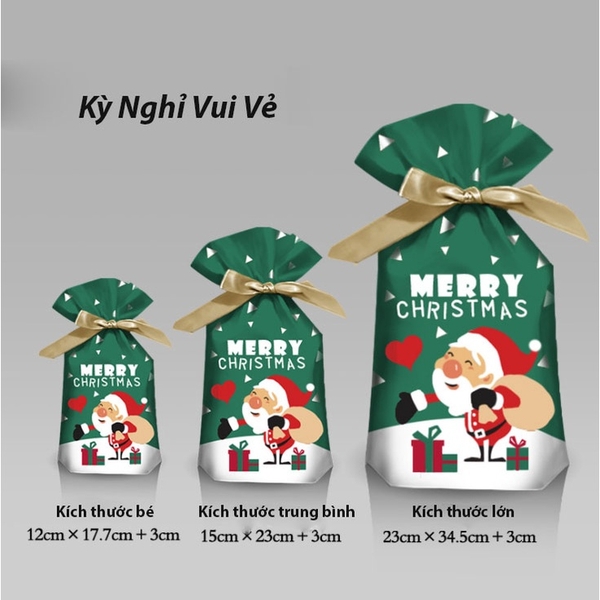Túi đựng bánh/kẹo, túi đựng quà chủ đề Noel kích thước 15 * 23, dây nơ buộc - VUA BAO BÌ