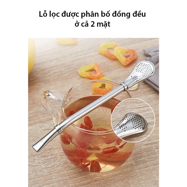Ống hút kiêm thìa lọc dùng trong uống cà phê, trà sữa, các loại thức uống, chất liệu inox 304 cao cấp - HVL TEA