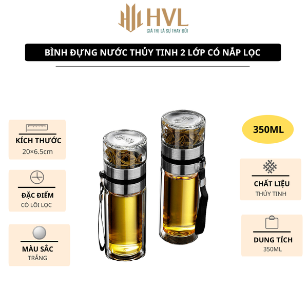 Bình đựng nước thủy tinh 2 lớp có nắp lọc