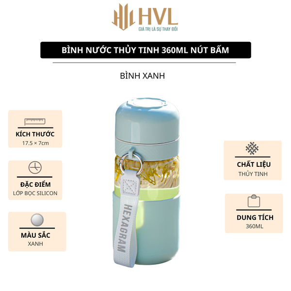 Bình nước thủy tinh 360 ML nút bấm