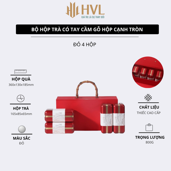 Bộ hộp trà có tay cầm gỗ hộp thiếc cao cấp, sang trọng - HVL TEA