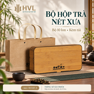 Bộ hộp trà gỗ Nét Xưa kèm túi