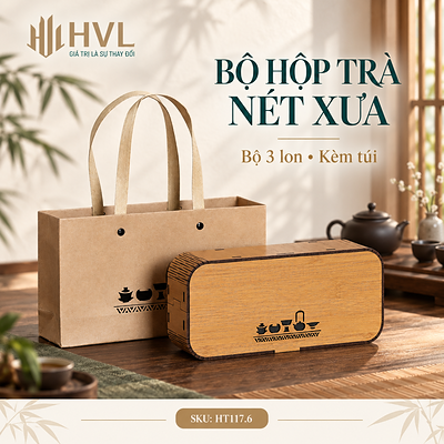 Bộ hộp trà gỗ Nét Xưa kèm túi