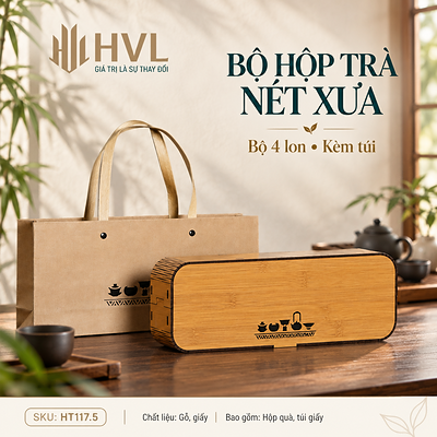 Bộ hộp trà gỗ Nét Xưa kèm túi