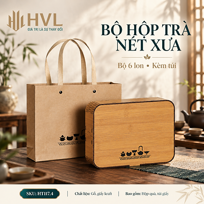 Bộ hộp trà gỗ Nét Xưa kèm túi