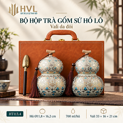 Bộ hộp trà gốm sứ Hồ Lô kèm túi và vali
