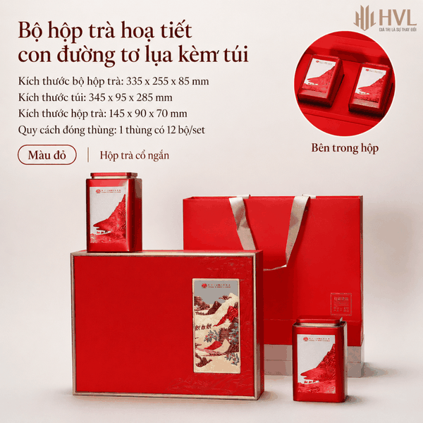 Bộ hộp trà hoạ tiết con đường tơ lụa kèm túi