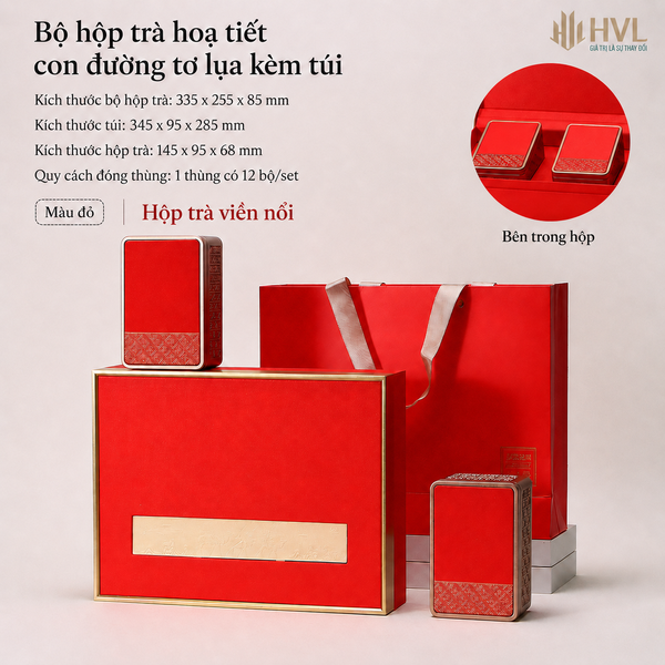 Bộ hộp trà hoạ tiết con đường tơ lụa kèm túi
