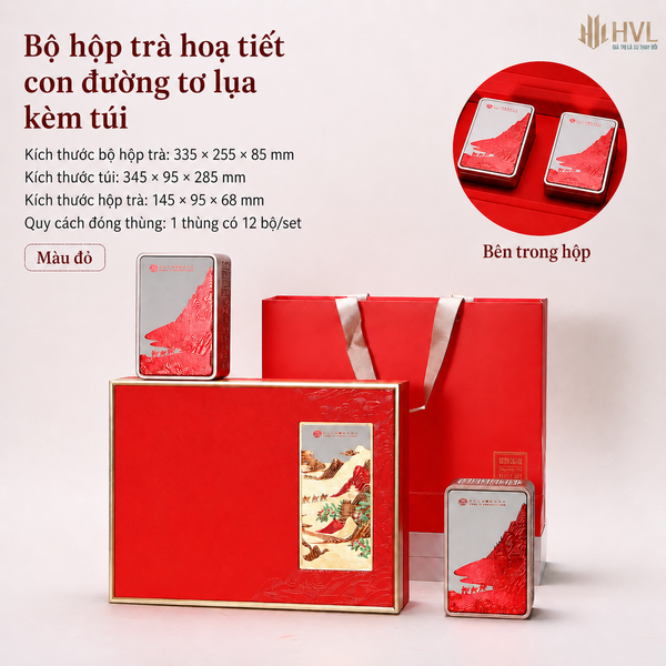 Bộ hộp trà hoạ tiết con đường tơ lụa kèm túi