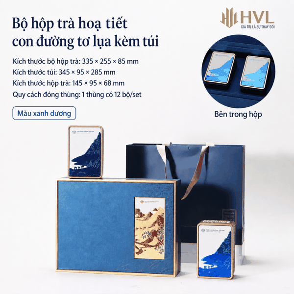 Bộ hộp trà hoạ tiết con đường tơ lụa kèm túi