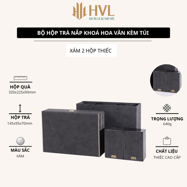 Bộ hộp trà nắp khóa hoa văn kèm túi quà tặng cao cấp - HVL TEA