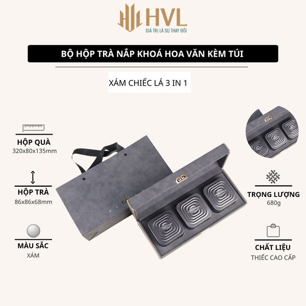 Bộ hộp trà nắp khóa hoa văn kèm túi quà tặng cao cấp - HVL TEA
