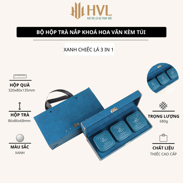 Bộ hộp trà nắp khóa hoa văn kèm túi quà tặng cao cấp - HVL TEA