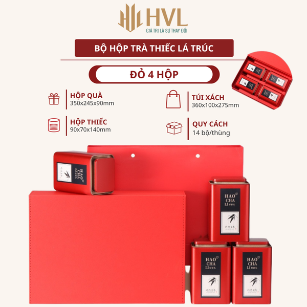 Bộ hộp trà thiếc họa tiết lá trúc kèm túi quà tặng cao cấp - HVL TEA
