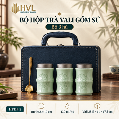 Bộ Hộp Trà Vali Kèm 3 Hũ Gốm Sứ
