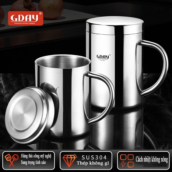 Cốc inox cách nhiệt, có quai, có nắp, cứng bền, cách nhiệt, ca inox 304 cao cấp - HVL TEA