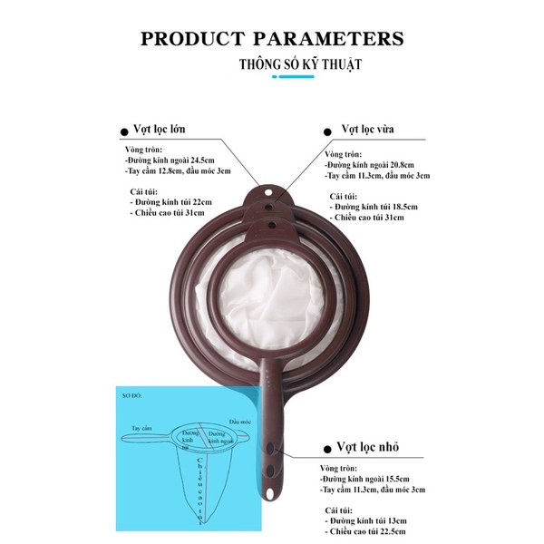 Vợt lọc trà vải, quai inox, nhiều kích thước, vợt lọc màu cà phê, HVL TEA