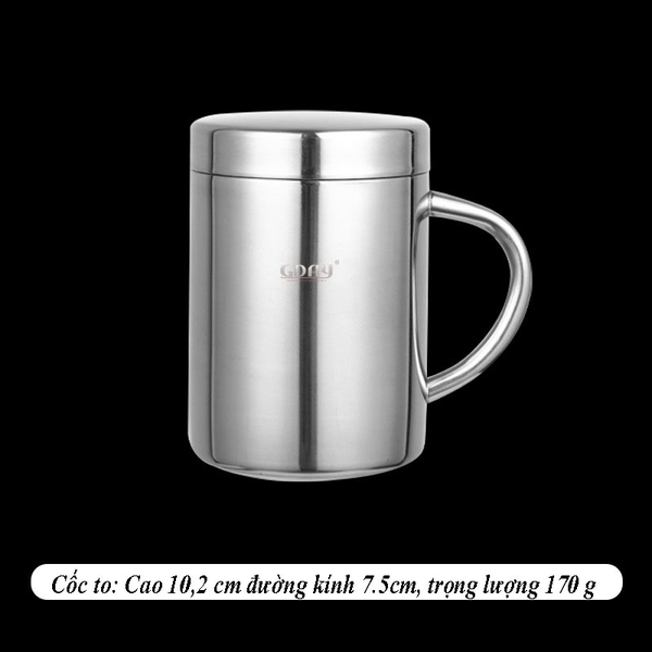 Cốc inox cách nhiệt, có quai, có nắp, cứng bền, cách nhiệt, ca inox 304 cao cấp - HVL TEA
