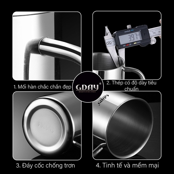 Cốc inox cách nhiệt, có quai, có nắp, cứng bền, cách nhiệt, ca inox 304 cao cấp - HVL TEA
