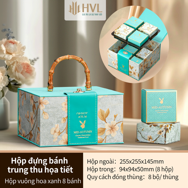 Hộp 2 bánh Trung Thu hoạ tiết - Tứ Đại Hoa Xanh Lá