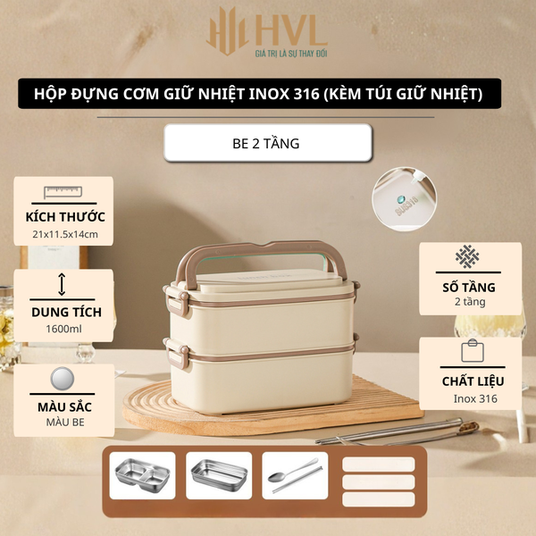 Hộp đựng cơm giữ nhiệt inox 316 (kèm túi giữ nhiệt)