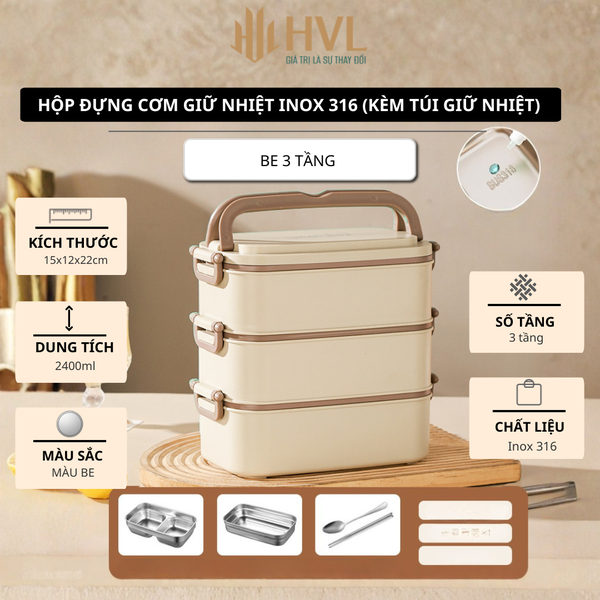 Hộp đựng cơm giữ nhiệt inox 316 (kèm túi giữ nhiệt)