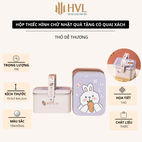 Hộp thiếc đựng bánh kẹo gấu thỏ hình chữ nhật có quai xách