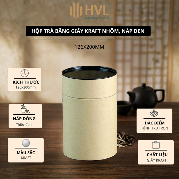 Hộp đựng trà, các loại hạt, đồ khô bằng giấy kraft nắp đen - HVL TEA