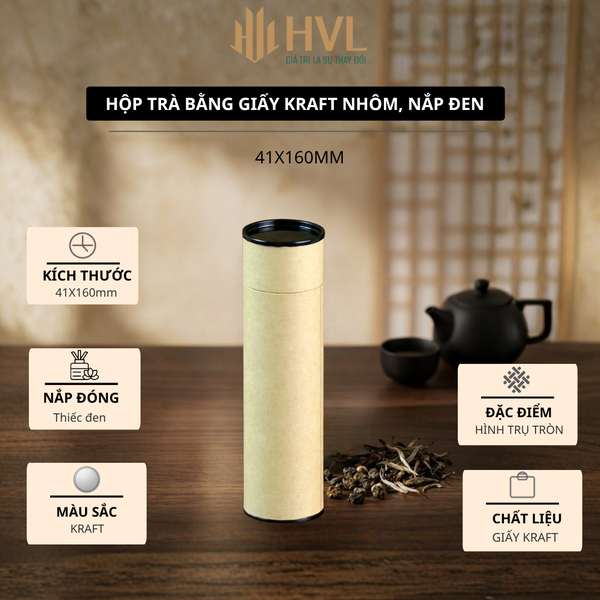 Hộp đựng trà, các loại hạt, đồ khô bằng giấy kraft nắp đen - HVL TEA