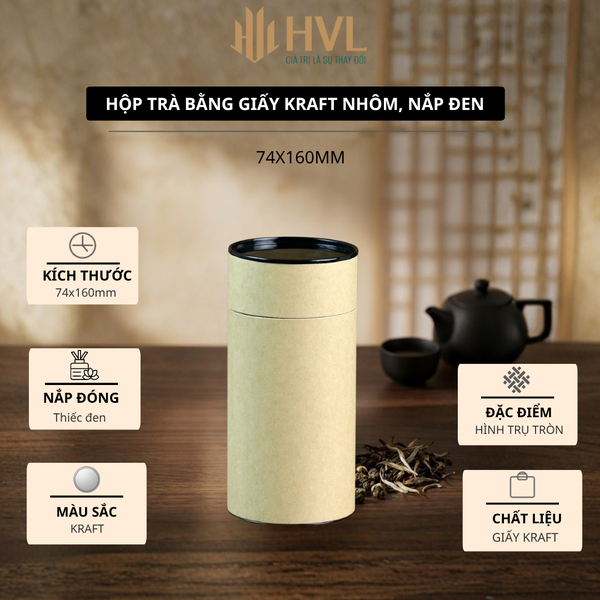 Hộp đựng trà, các loại hạt, đồ khô bằng giấy kraft nắp đen - HVL TEA