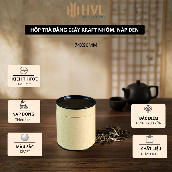Hộp đựng trà, các loại hạt, đồ khô bằng giấy kraft nắp đen - HVL TEA