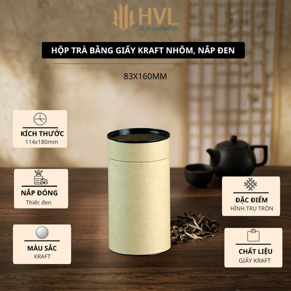 Hộp đựng trà, các loại hạt, đồ khô bằng giấy kraft nắp đen - HVL TEA