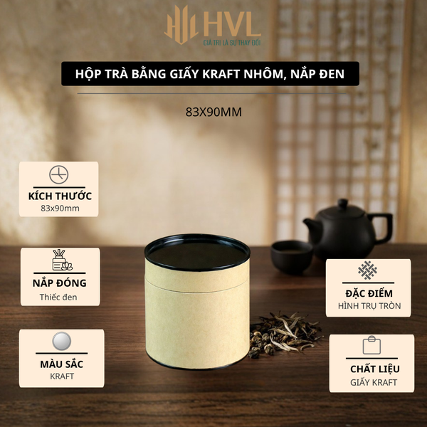 Hộp đựng trà, các loại hạt, đồ khô bằng giấy kraft nắp đen - HVL TEA