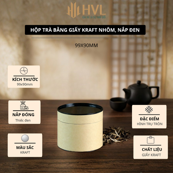 Hộp đựng trà, các loại hạt, đồ khô bằng giấy kraft nắp đen - HVL TEA