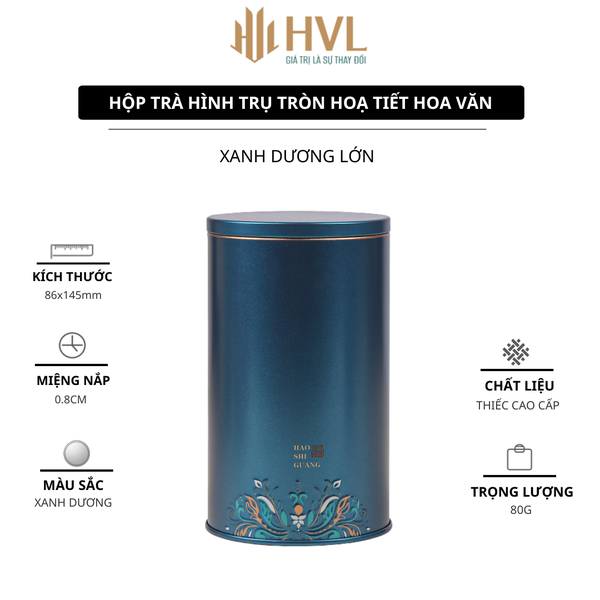 Hộp trà thiếc hình trụ tròn hoạ tiết hoa văn mẫu mới - HVL TEA