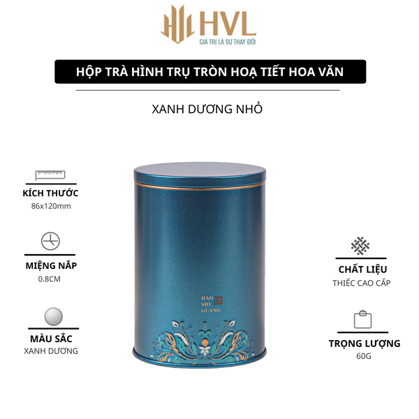 Hộp trà thiếc hình trụ tròn hoạ tiết hoa văn mẫu mới - HVL TEA