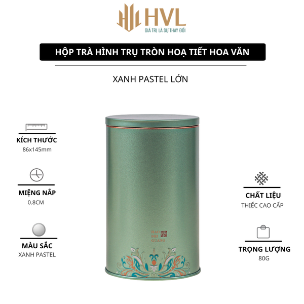 Hộp trà thiếc hình trụ tròn hoạ tiết hoa văn mẫu mới - HVL TEA
