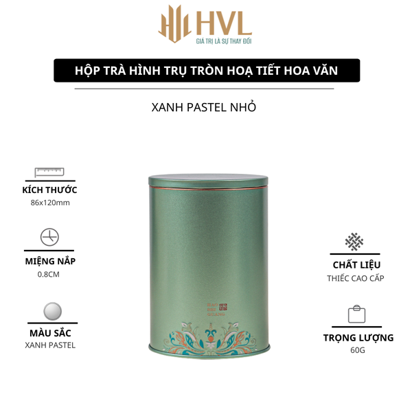 Hộp trà thiếc hình trụ tròn hoạ tiết hoa văn mẫu mới - HVL TEA
