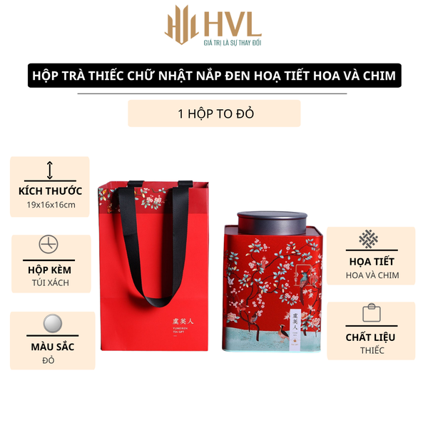 Hộp trà thiếc chữ nhật nắp đen hoạ tiết Hoa và Chim (kèm túi)
