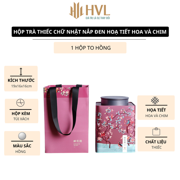 Hộp trà thiếc chữ nhật nắp đen hoạ tiết Hoa và Chim (kèm túi)