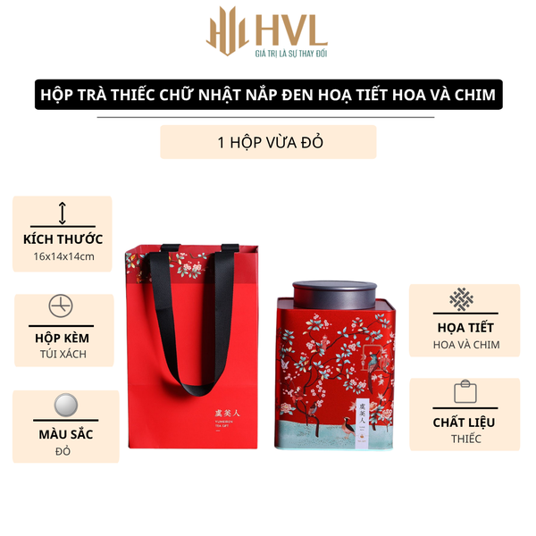 Hộp trà thiếc chữ nhật nắp đen hoạ tiết Hoa và Chim (kèm túi)