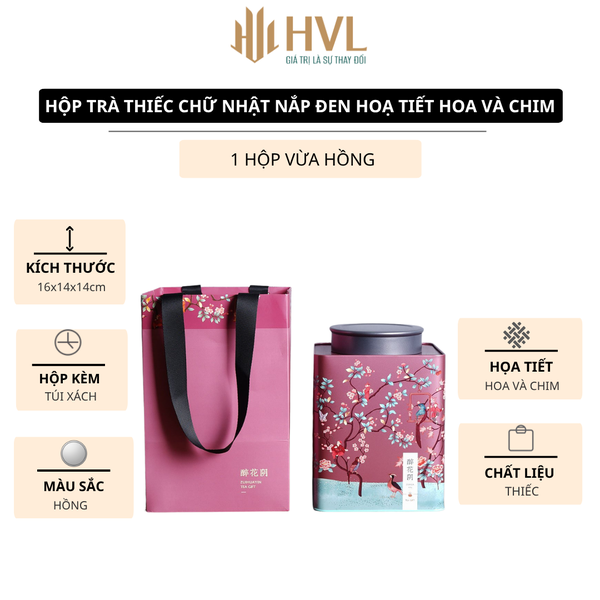 Hộp trà thiếc chữ nhật nắp đen hoạ tiết Hoa và Chim (kèm túi)